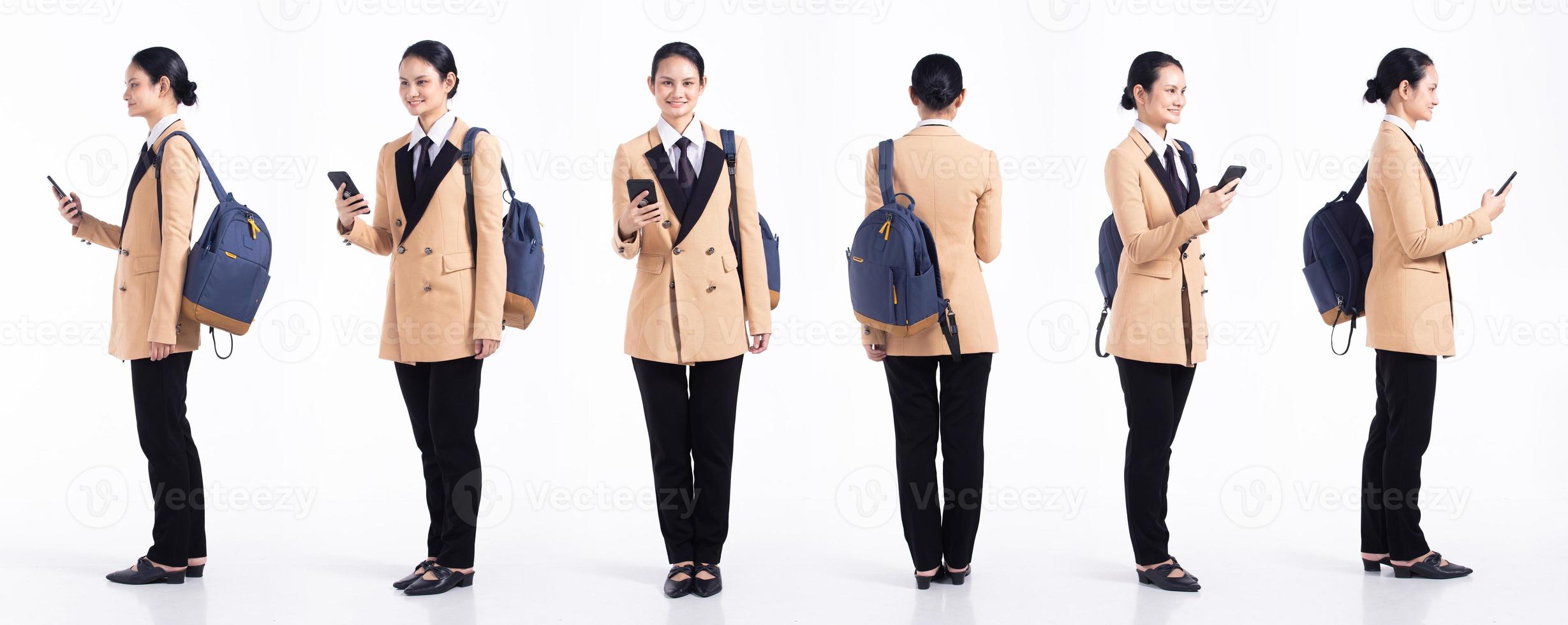 Full length 20s young Mix Race Woman business salesman backpacks, 360 front side rear back view, wear formal blazer and shoes. Office female stands feels happy smile over white background isolated photo