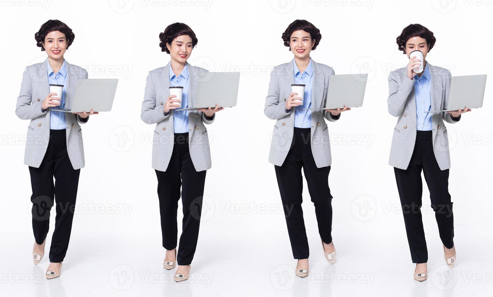 Full length 30s 40s Asian Woman teacher manager business, walking forward left right, wear formal blazer pants shoes. Smile Office female carry laptop coffee cup over white background isolated photo