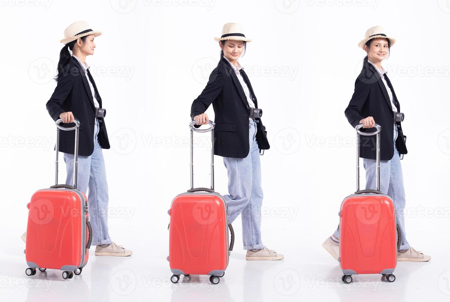 Full length 20s young Mix Race traveller guide tour Woman, sightseeing looking map with luggage, wear camera jeans hat. Tourist female travels feels smile happy over white background isolated photo