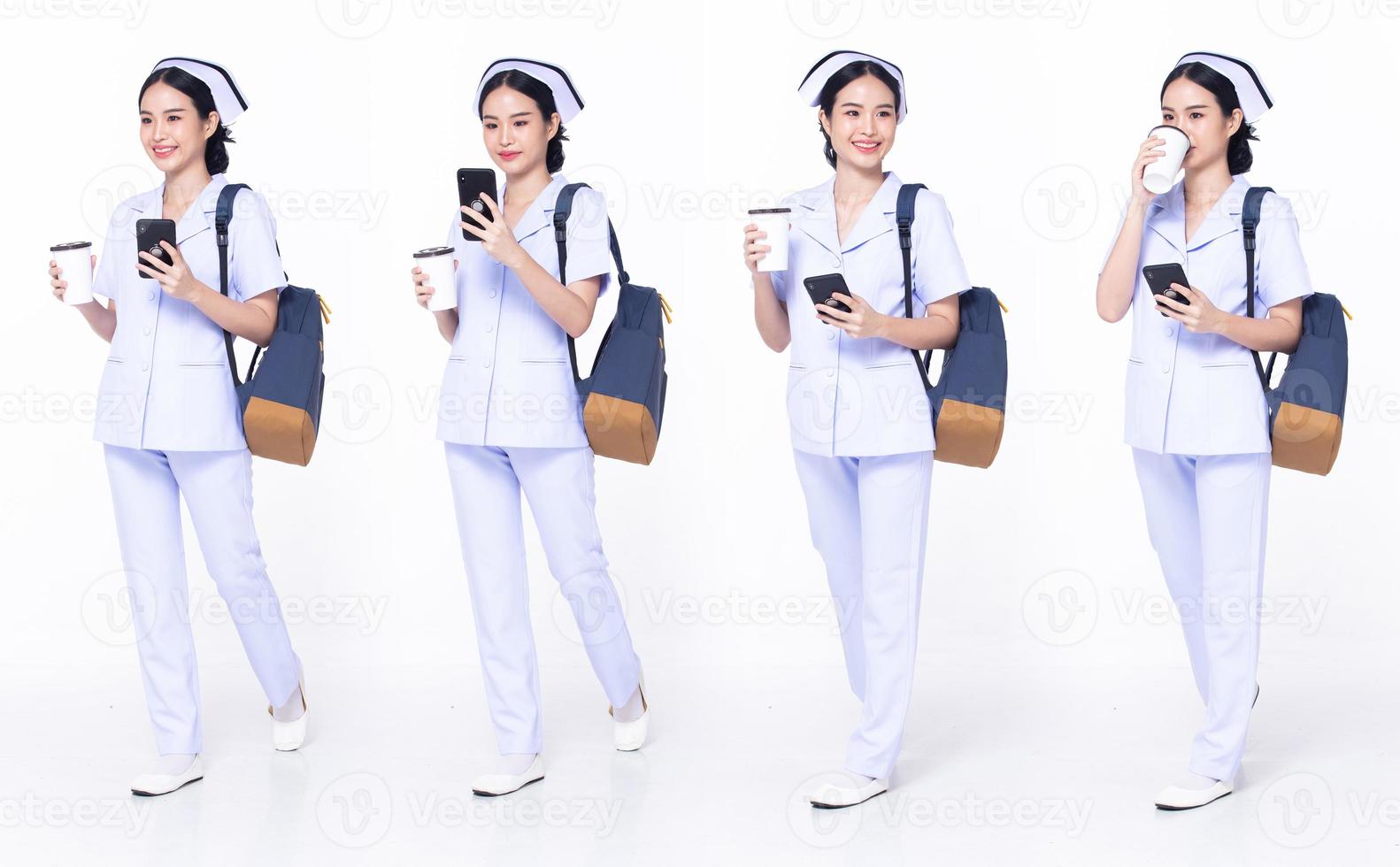 Full length 30s 20s Asian Woman Nurse hospital, walking forward left right, wear formal uniform pant shoe. Smile Hospital female carry backpack coffee cup internet phone over white background isolated photo