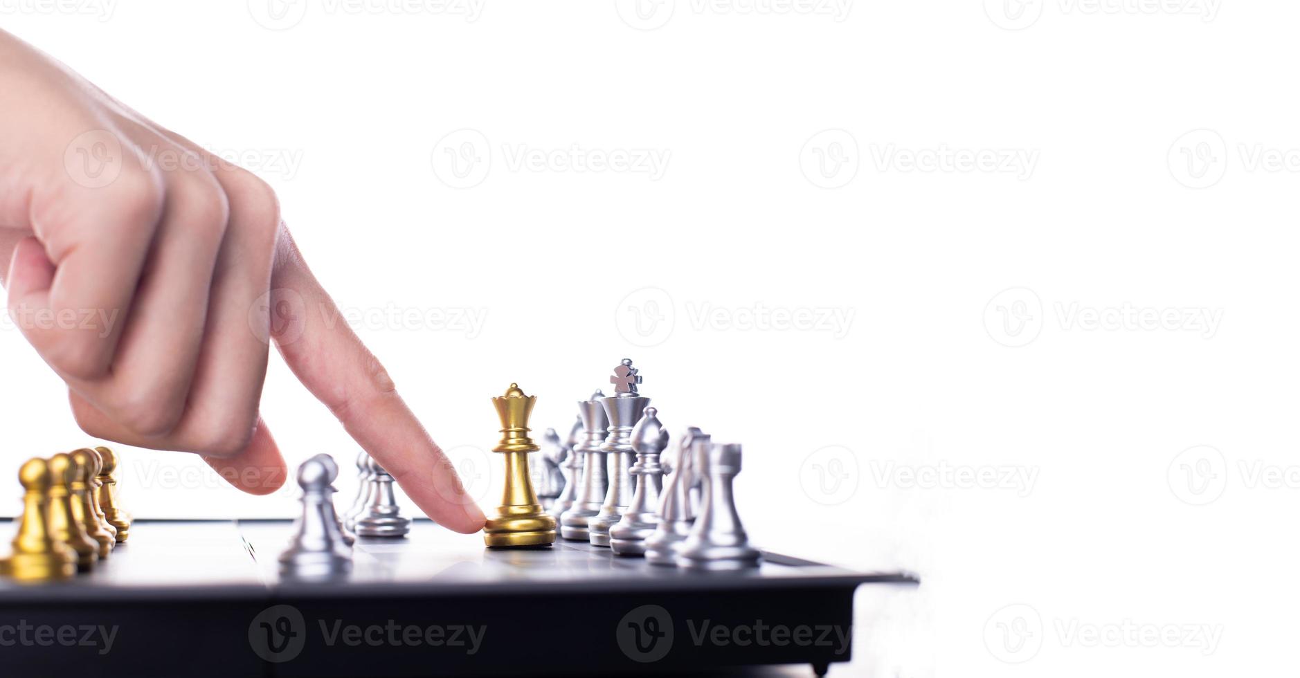 Business woman play Chess to success. Leader use strategy game to challenge competitor with intelligence leadership  power to move King to victory with management team idea battle to win, copy space photo