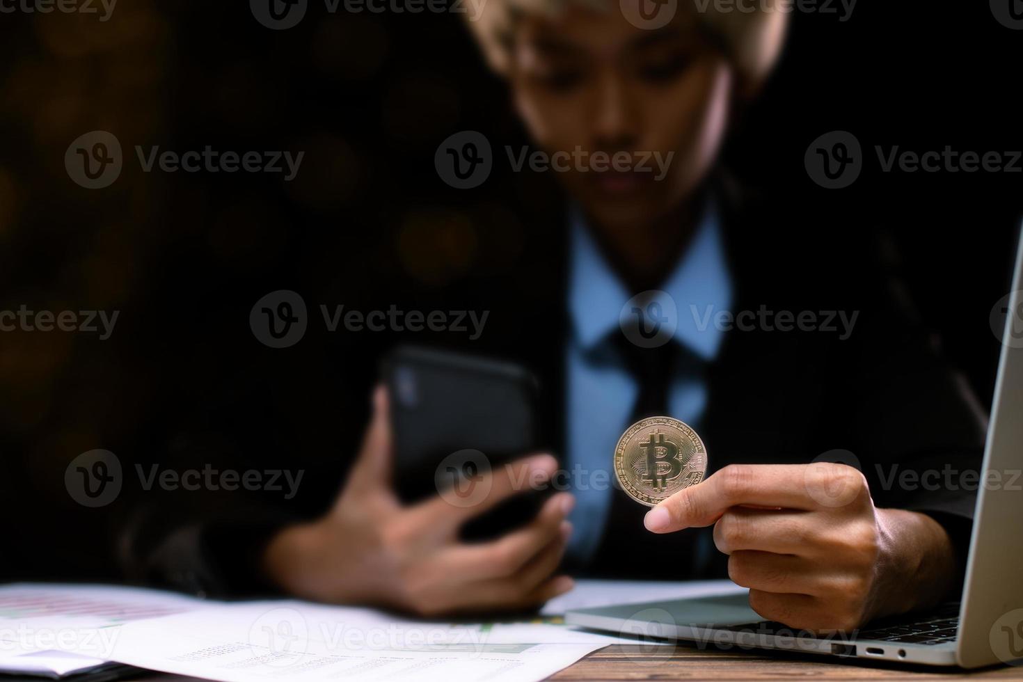 Business man hold bitcoin currency in finance exchange trade for digital technology money. Trander invest saving money in crypto electronic payment market and online internet banking, close up photo