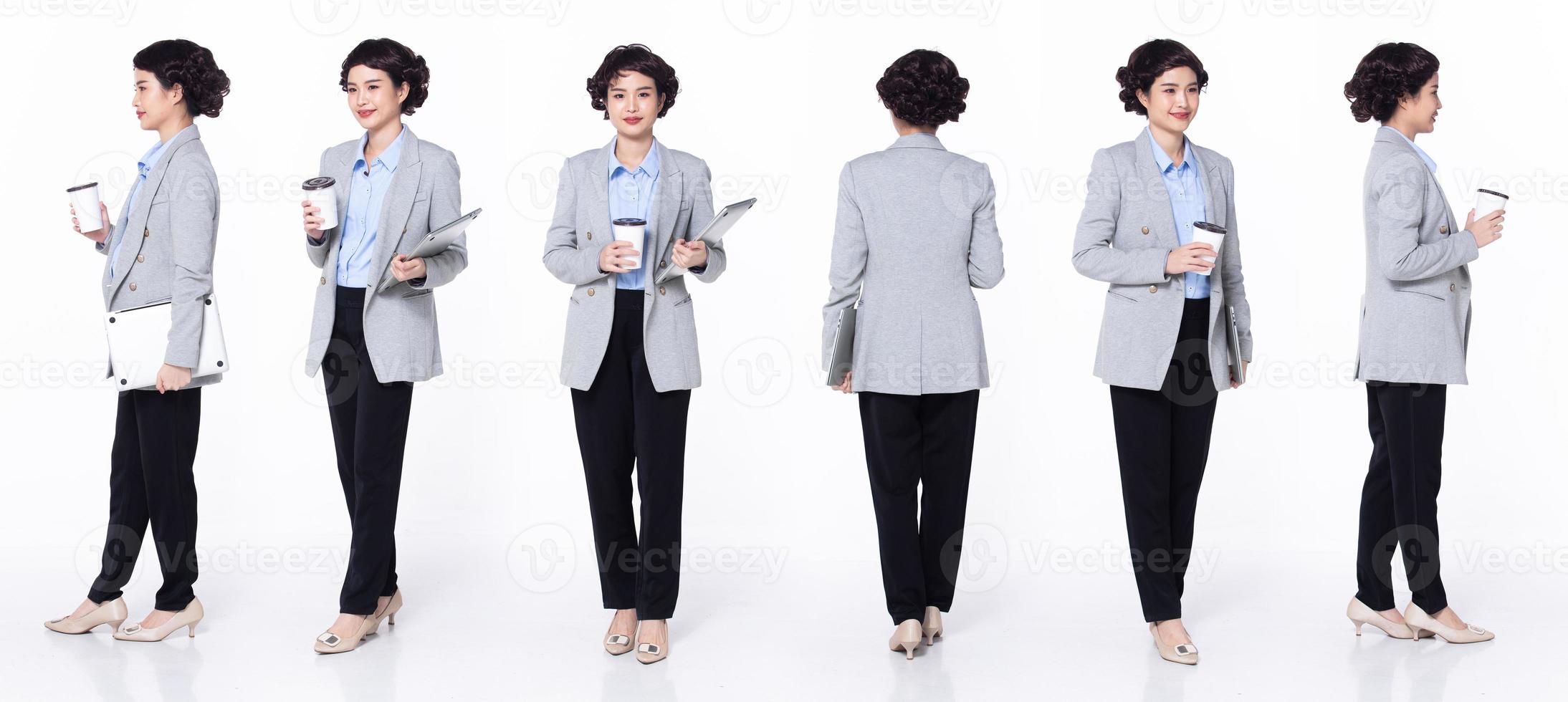 Full length 30s 40s Asian Woman teacher manager business, 360 turn front side back rear, wear formal blazer pants shoes. Smile Office female carry laptop coffee cup over white background isolated photo