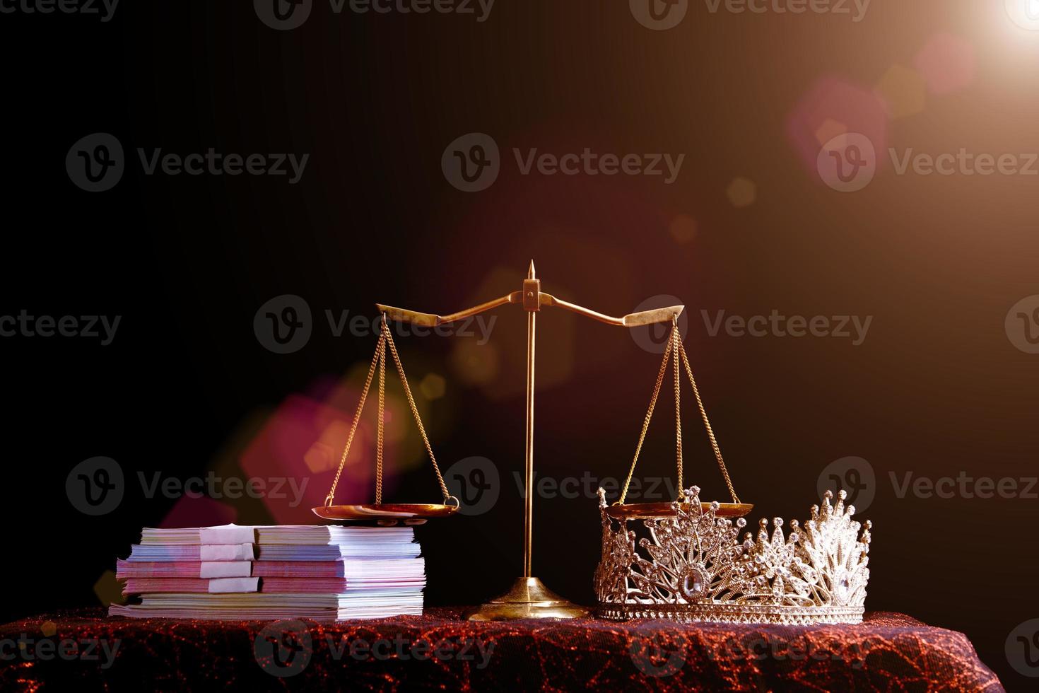 Diamond Crown of Miss Beauty Queen Pageant Contest and Bank Note Money and Scale Justice Balance are on Black Background as ramp. Concept of Fairness in Pageant Contest Business, copy space photo