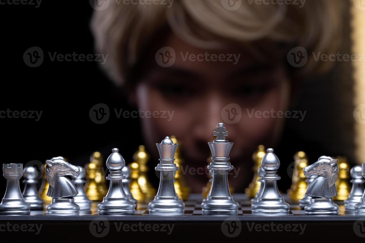 Business woman play Chess with close up Hand. Leader use strategy game to challenge competitor with intelligence leadership to move King to victory with management team idea fight, copy space photo