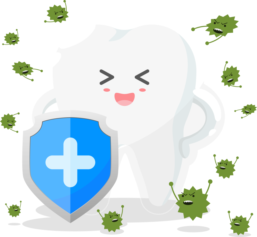 Happy tooth characters in flat style with shield and bacteria png