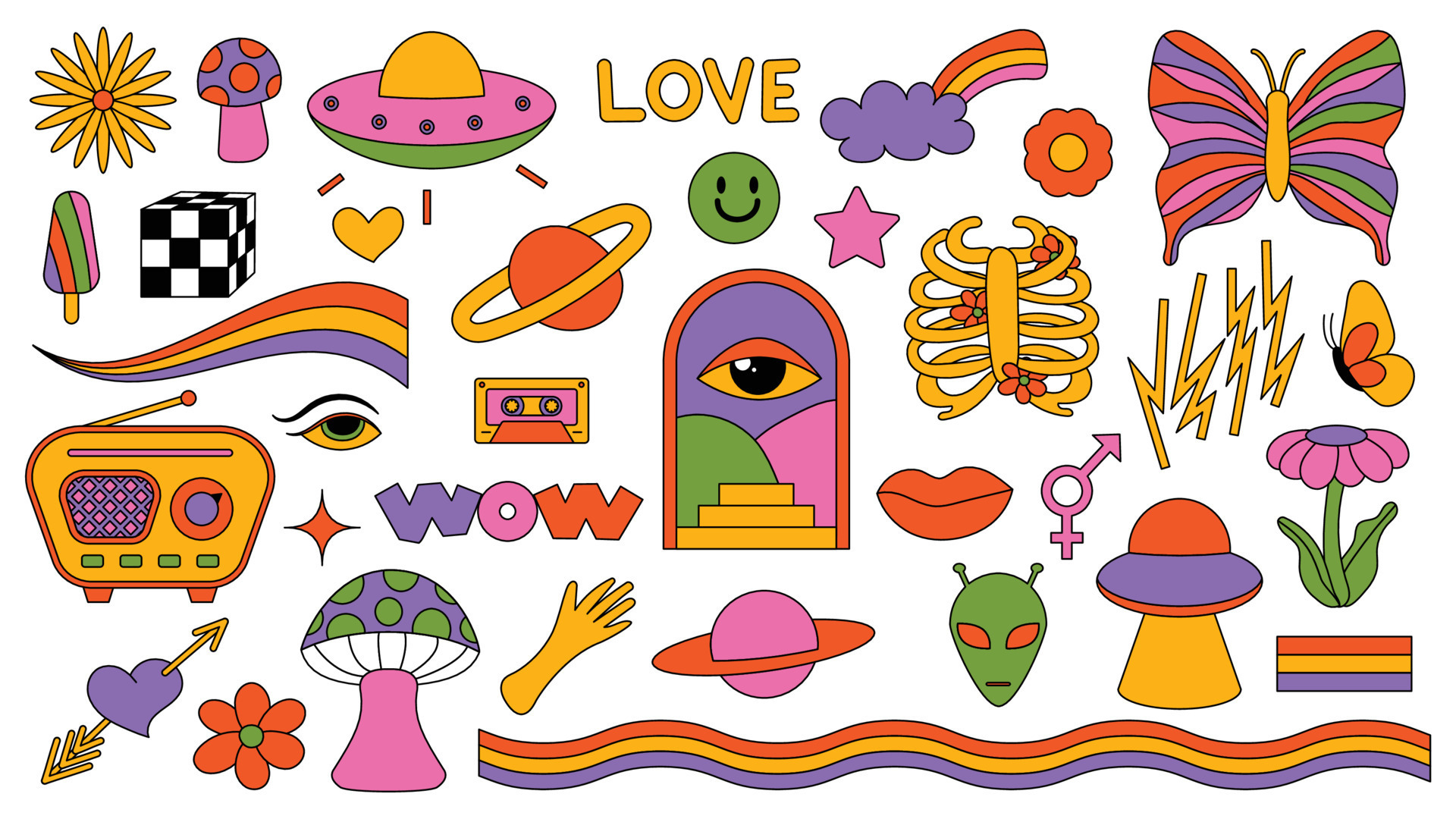 Set of hipster retro cool psychedelic elements. Collection stickers of