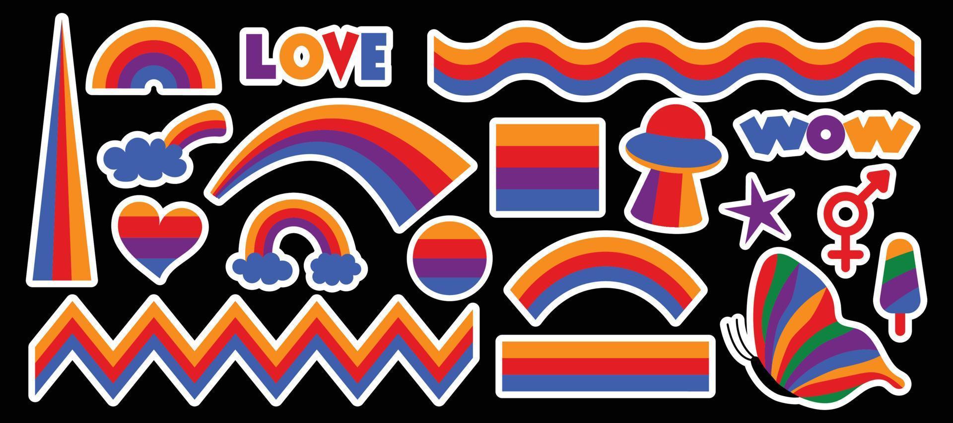 conjunto de elementos psicodélicos hipster retro cool arco iris. una colección de maravillosos cliparts iridiscentes de los años 70. diseño abstracto de pegatinas de dibujos animados. ilustración vectorial de tendencia vector