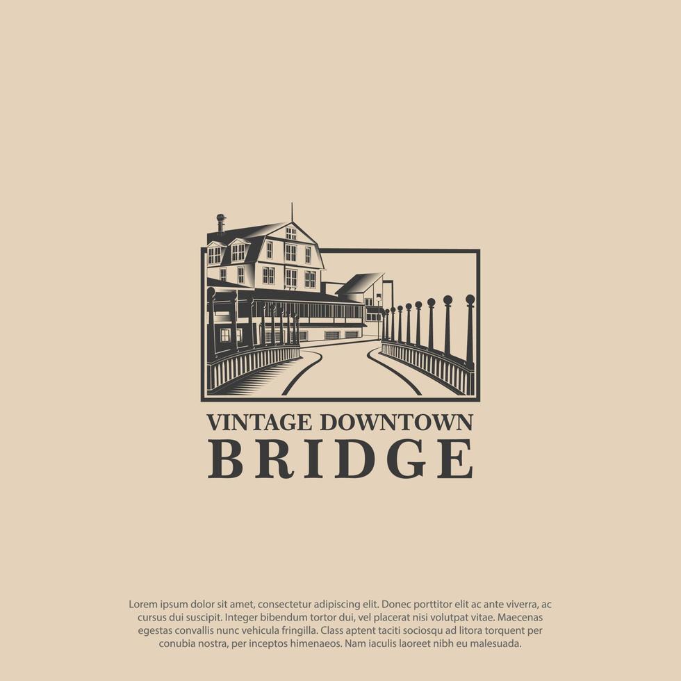 Vintage retro bridge, River and downtown Landscape silhouette view logo vector design