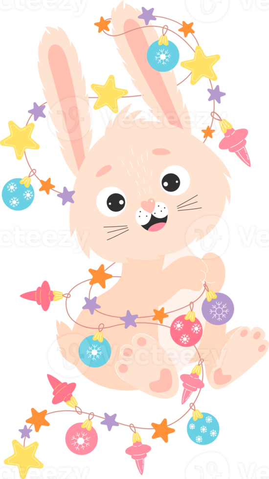 cute bunny character with garland and Christmas balls png