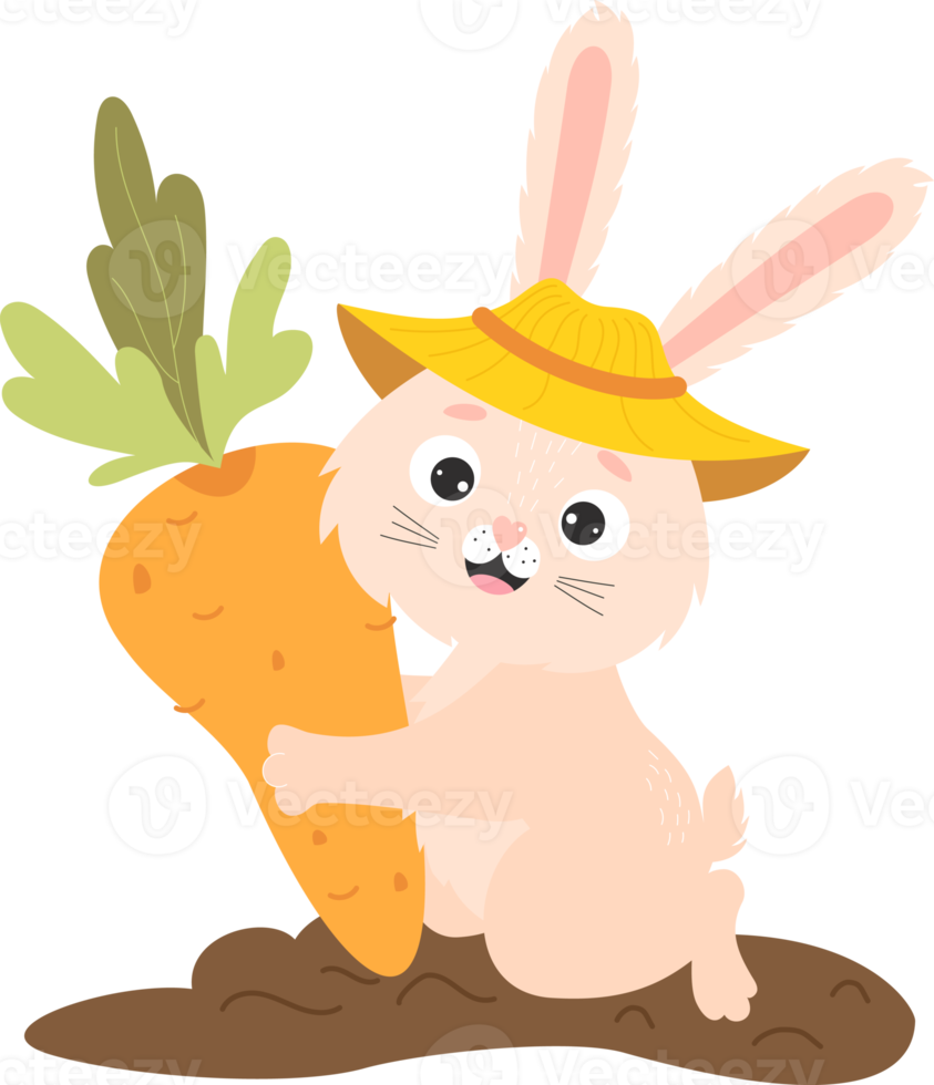 Cute bunny character is  farmer with big carrots in garden png