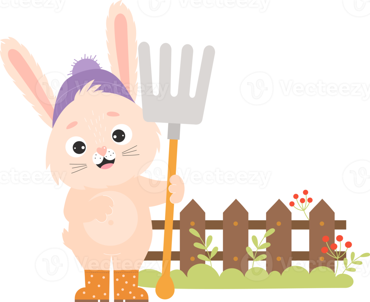 Rabbit character is  farmer with pitchfork near wooden fence png