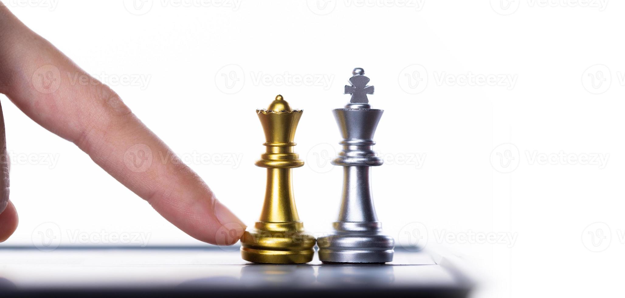 Business woman play Chess to success. Leader use strategy game to challenge competitor with intelligence leadership  power to move King to victory with management team idea battle to win, copy space photo