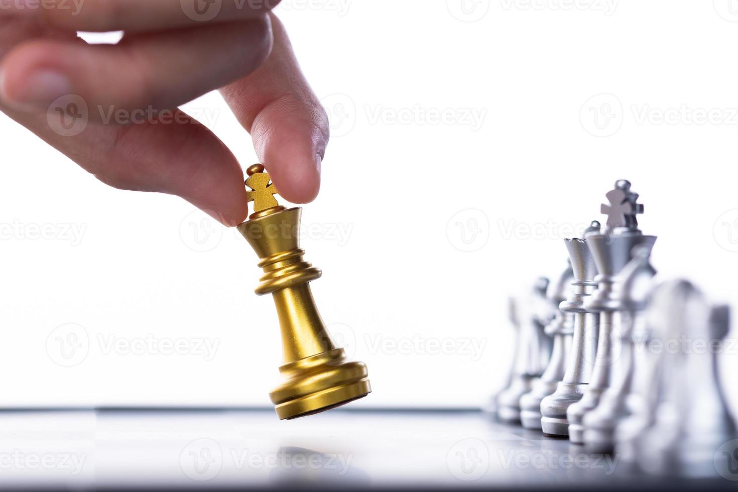 Business woman play Chess to success. Leader use strategy game to challenge competitor with intelligence leadership  power to move King to victory with management team idea battle to win, copy space photo