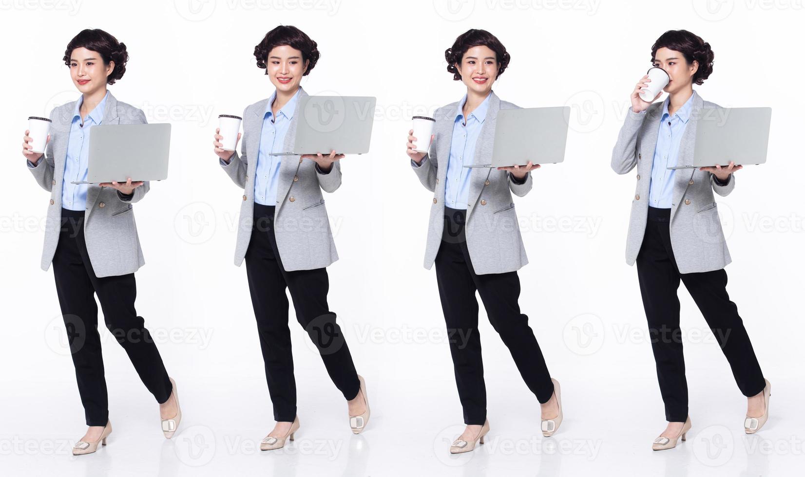 Full length 30s 40s Asian Woman teacher manager business, walking forward left right, wear formal blazer pants shoes. Smile Office female carry laptop coffee cup over white background isolated photo