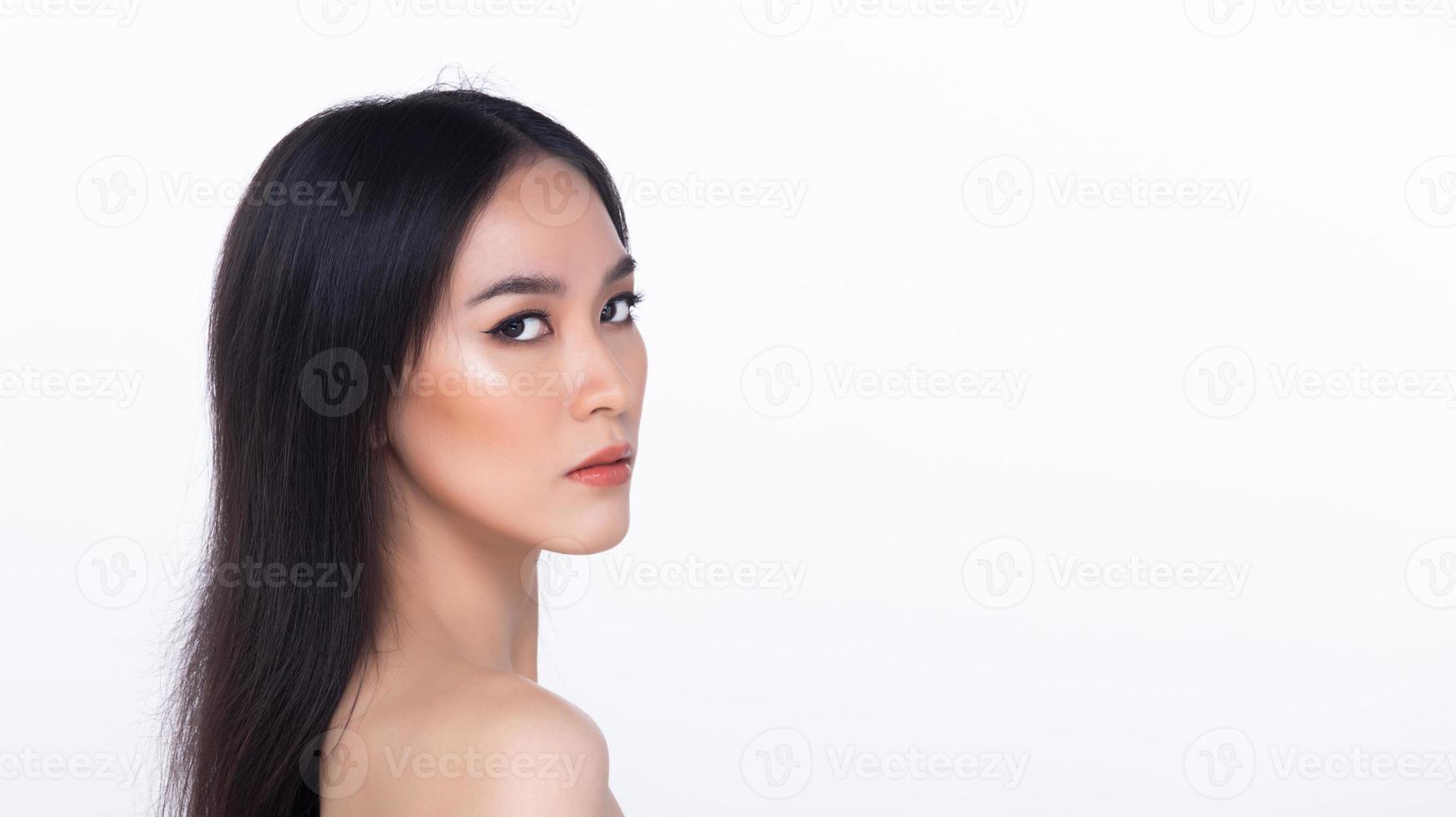 Beautiful fresh skin woman open shoulder with clean look make up and long black hair. Portrait Beautiful fresh skin woman open shoulder with clean look make up and long black hair. Portrait