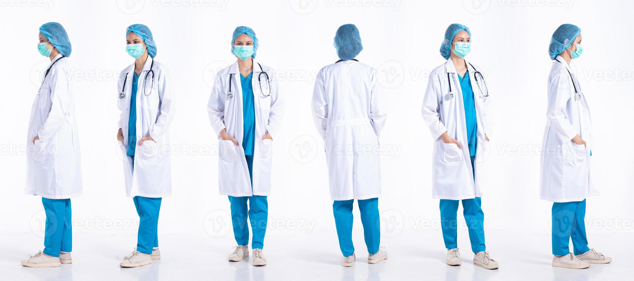 Full length 20s young Mix Race hospital Doctor Woman, 360 front side rear back view, wear mask stethoscope coat uniform. Surgeon female feels happy smile over white background isolated photo