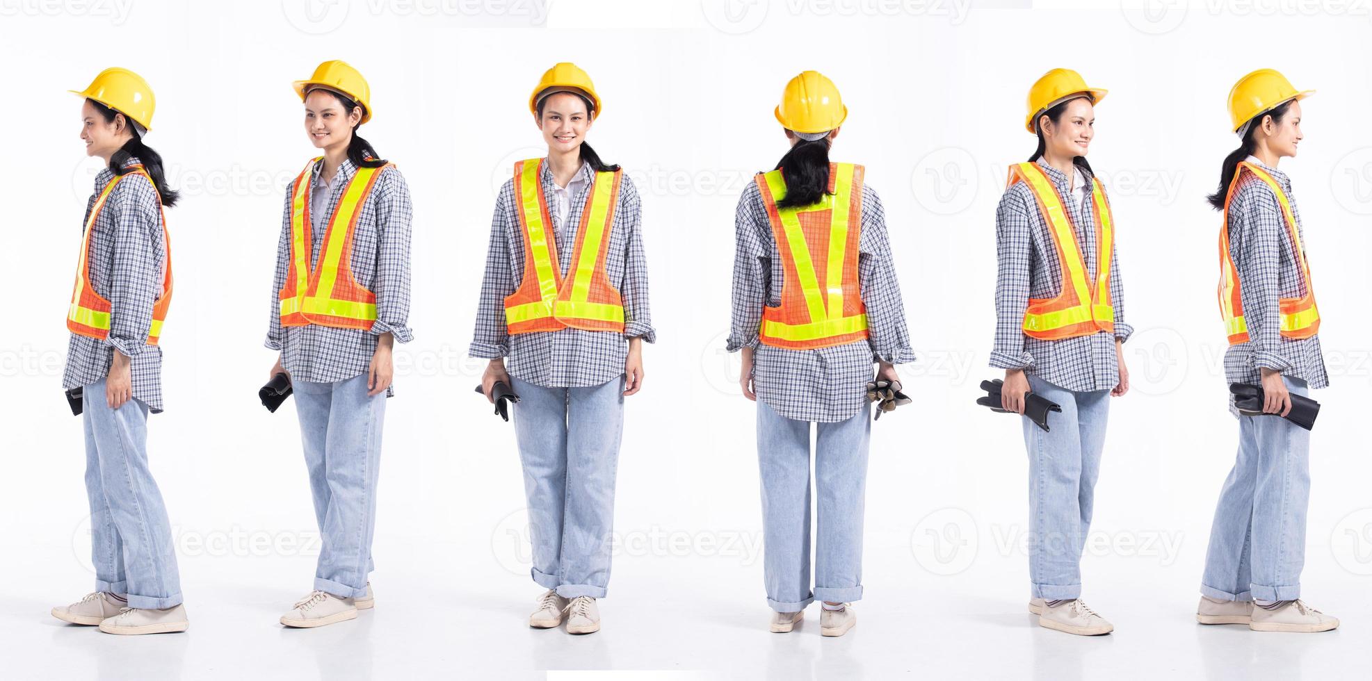 Full length 20s young Mix Race engineer contractor Woman, 360 front side rear back view, wear safety vast hardhat gloves. Office female stands feels smile happy over white background isolated photo