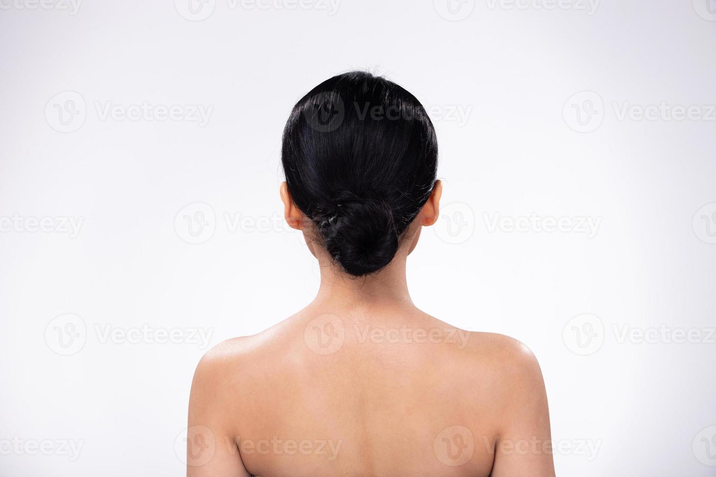 Portrait face shot of Young Asian 20s beautiful Woman open shoulder, turn back rear side show hair photo