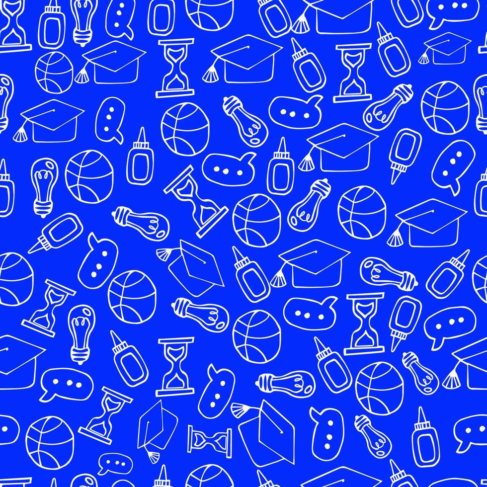 Seamless pattern of white school doodles on a blue background. vector