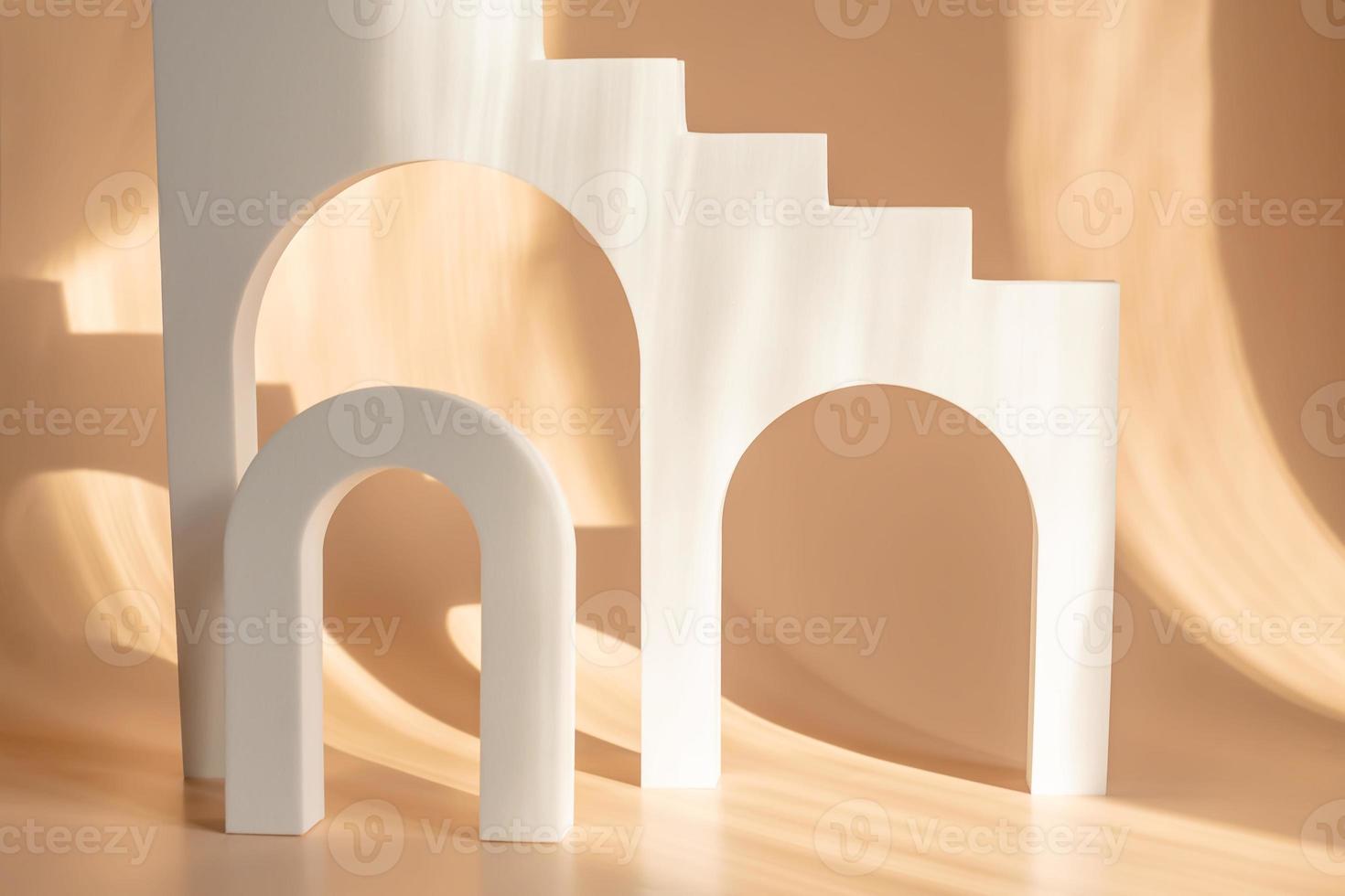 white podium with hard shadows on beige background. Concept scene stage showcase for product, promotion, sale, banner, presentation of cosmetic products. Minimal showcase empty mock up. photo