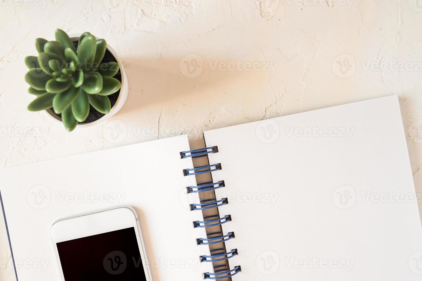 Top view of workspace. open notepad, white smartphone, pen and succulent in a pot on white concrete background. Freelance and blogging concept photo