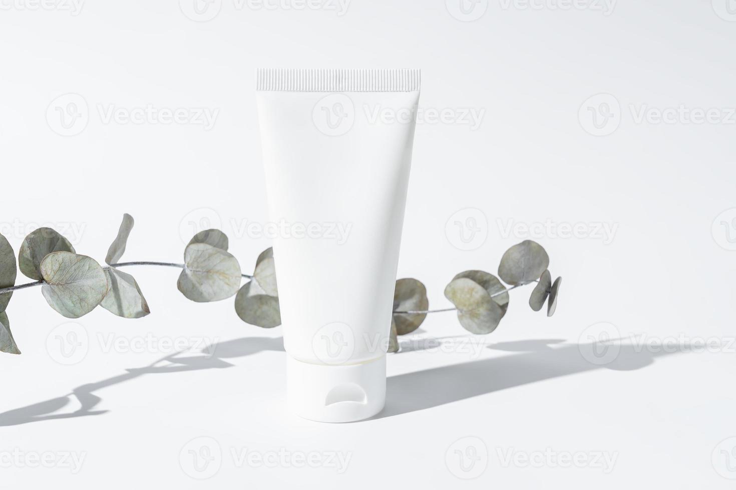 white beauty cream lotion spf sunscreen cosmetic in tube packaging. Product mockup with eucalyptus branch in sun daylight. facial skin care, healthcare photo