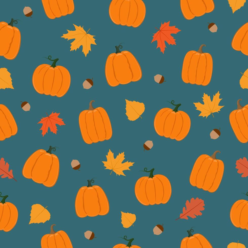 Autumn seamless pattern. Pumpkins, leaves and acorns on blue background. Background for autumn decorative design vector