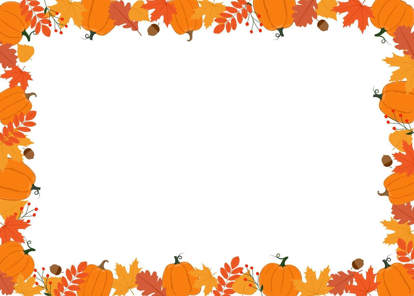 marco de otoño horizontal. calabazas, hojas, bayas y bellotas. fondo para el diseño decorativo de otoño vector