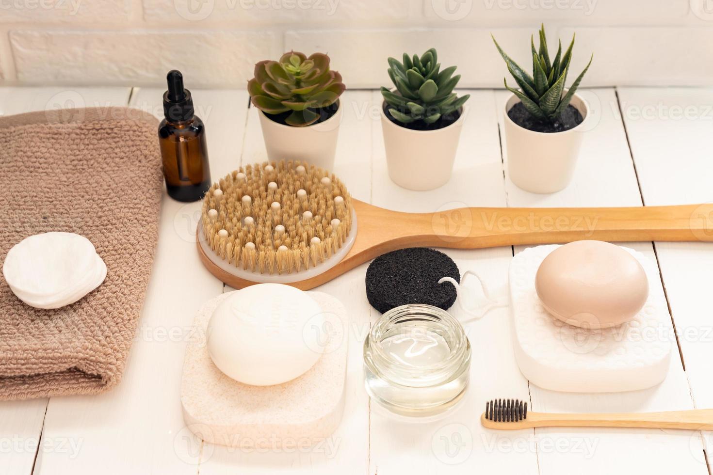 home made spa cosmetic with natural soap, face and body oils, sponges