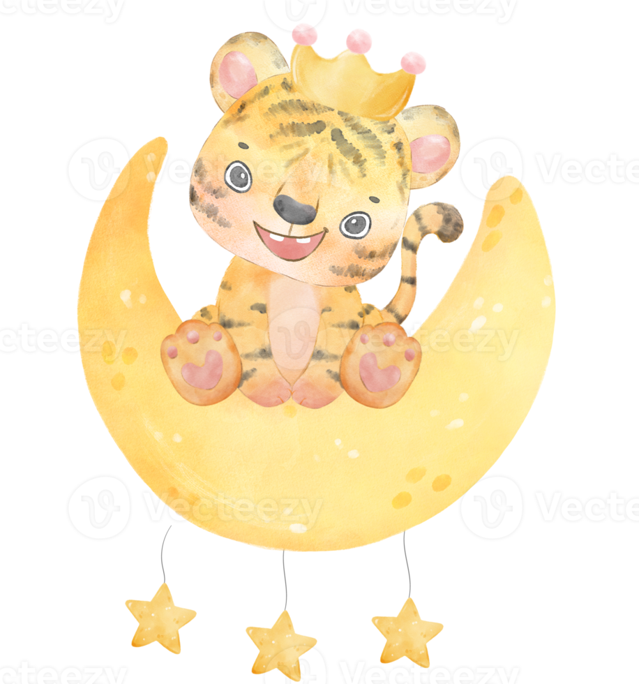 schattig waterverf baby tijger kind speels O halve maan maan waterverf kinderkamer dieren png