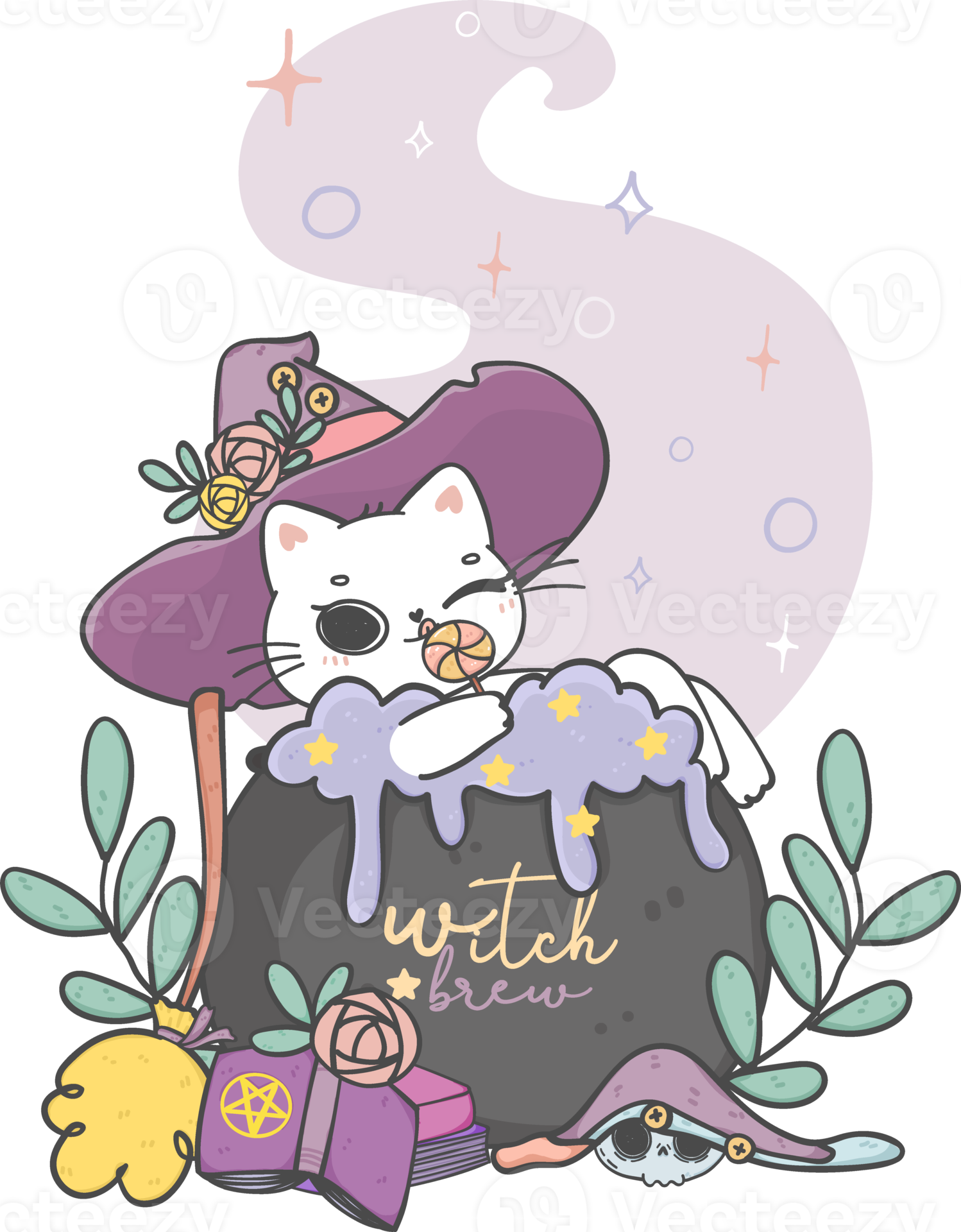 cute adorable Halloween kitten cat witch cartoon doodle animal hand
