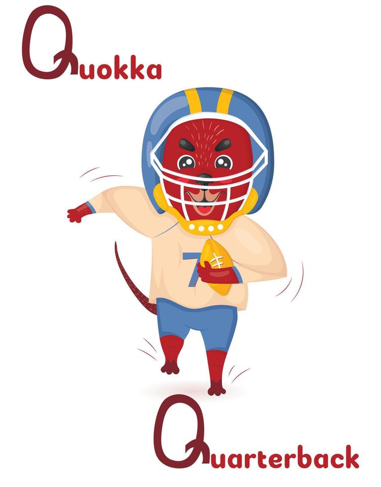 ABC latin alphabet animal professions starting with letter q quokka quarterback in cartoon style. vector