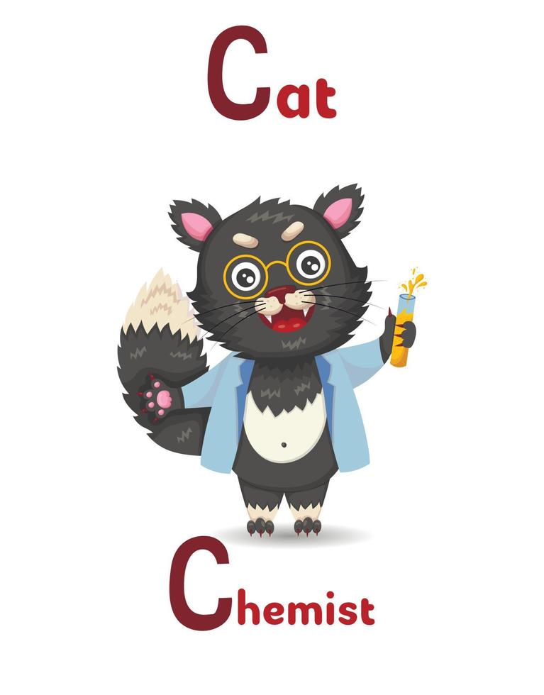 alfabeto latino abc profesiones animales que comienzan con c gato químico en estilo de dibujos animados. vector