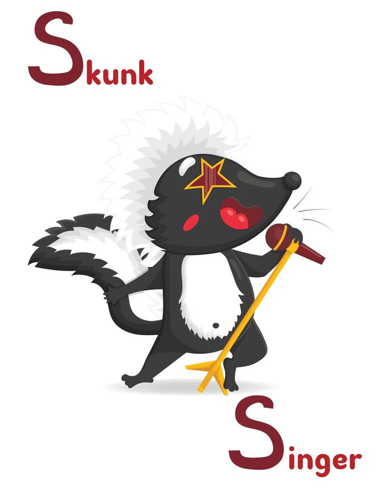 Latin alphabet ABC animal professions starting with letter with s skunk singer in cartoon style. vector