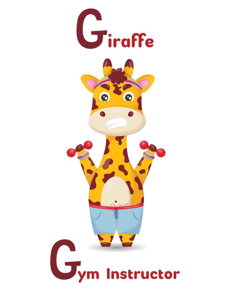 Latin alphabet ABC animal professions starting with letter g giraffe gym instructor in cartoon style. vector