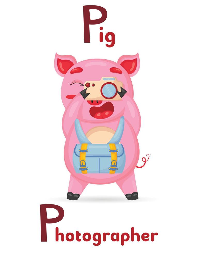 Latin alphabet ABC animal professions starting with letter p pig photographer in cartoon style. vector