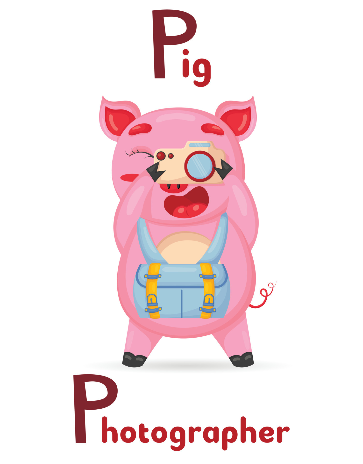 Latin alphabet ABC animal professions starting with letter p pig photographer in cartoon style