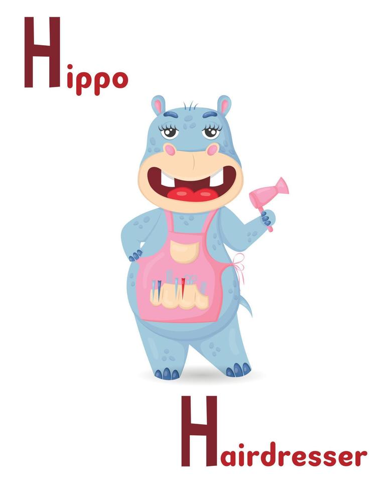 Latin alphabet ABC animal professions starting with h hippo hairdresser in cartoon style. vector