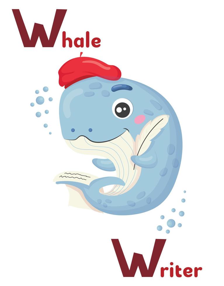 Latin alphabet ABC animal professions starting with letter w whale writer in cartoon style. vector