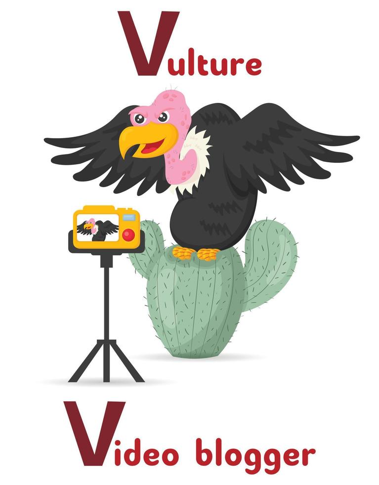 Latin alphabet ABC animal professions starting with letter v vulture video blogger in cartoon style. vector