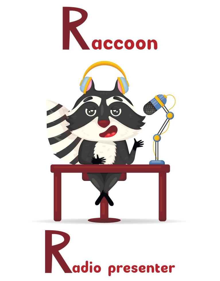 Latin alphabet ABC animal professions starting with letter r raccoon radio presenter in cartoon style. vector