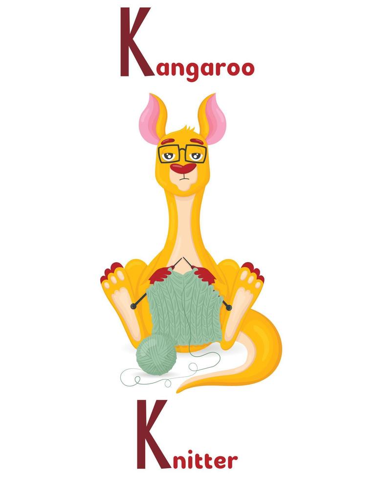 Latin alphabet ABC of animal professions starting with the letter K kangaroo knitter in cartoon style. vector