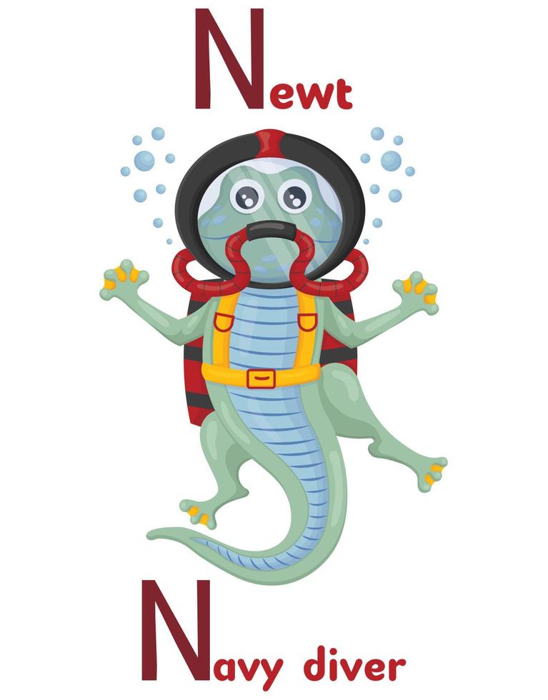 Latin alphabet ABC animal professions starting with letter n newt navy diver in cartoon style. vector