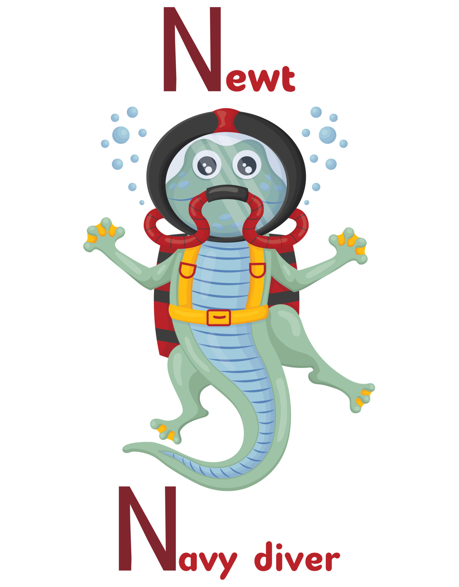 Latin alphabet ABC animal professions starting with letter n newt navy  diver in cartoon style. 11032907 Vector Art at Vecteezy