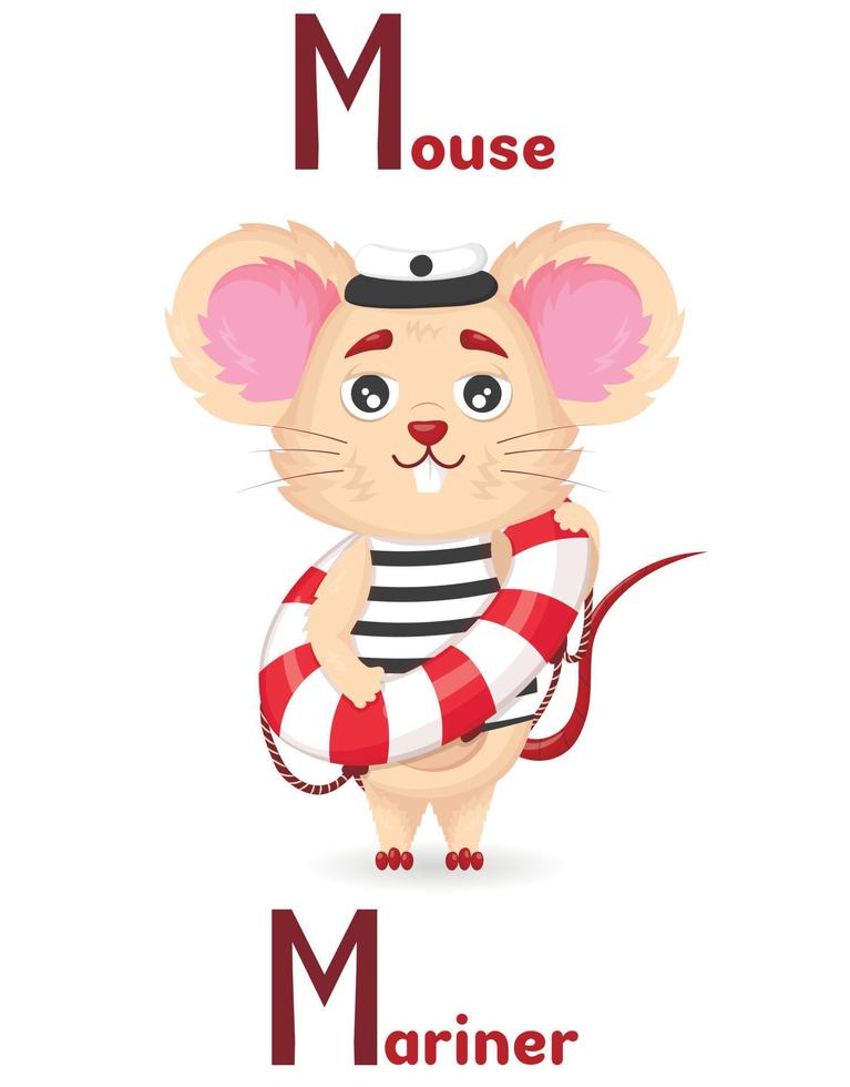 Latin alphabet ABC animal professions starting with letter m mouse mariner in cartoon style. vector