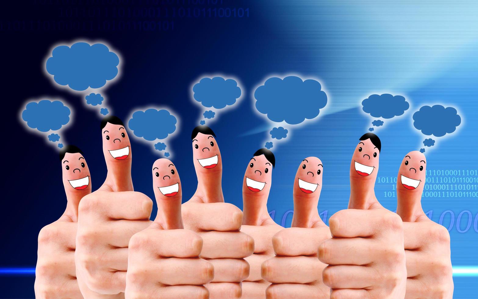 group of finger faces with social chat sign and speech bubbles photo