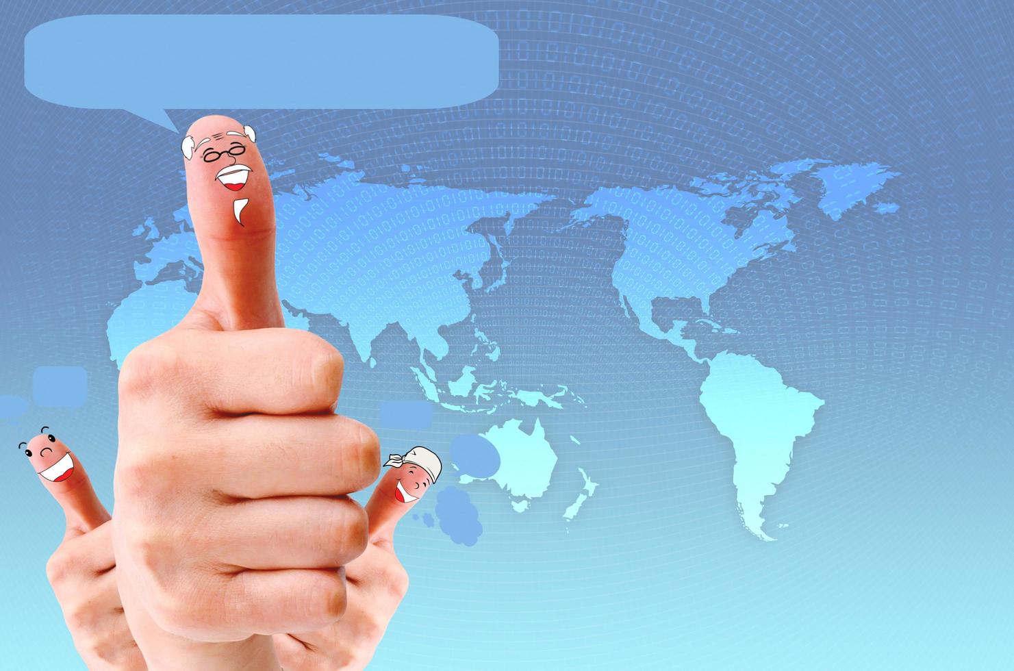 Happy group of finger faces as social network with speech photo