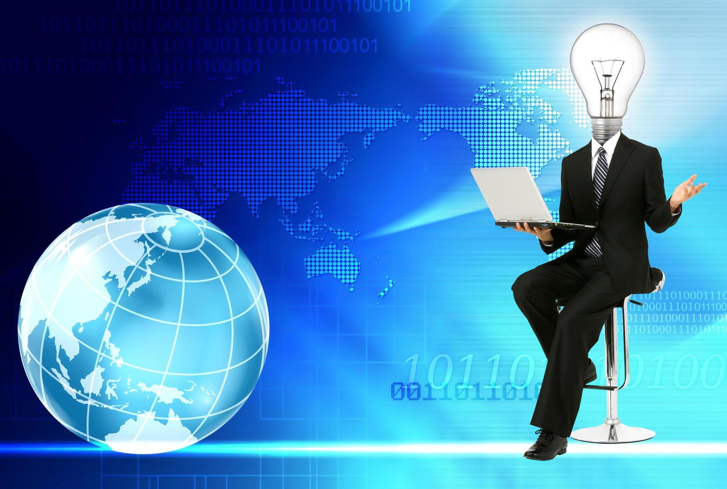 lamp head businessman with laptop in his hands photo