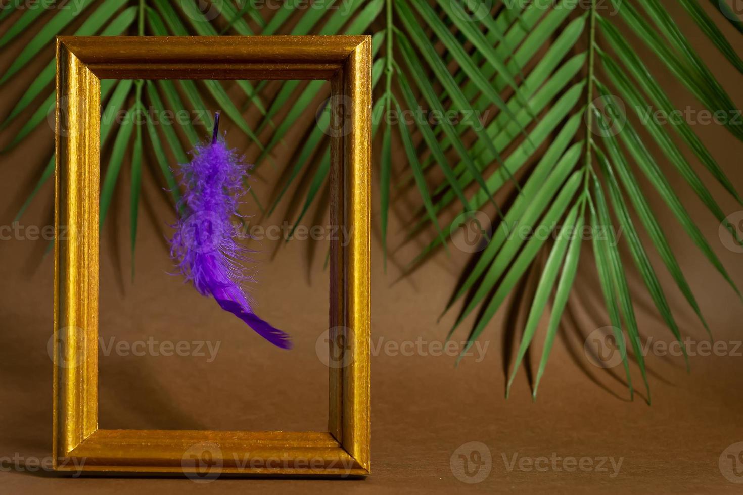 Vintage golden photoframe with neon purple feather on tropical leaves background. Trendy concept, levitation. photo